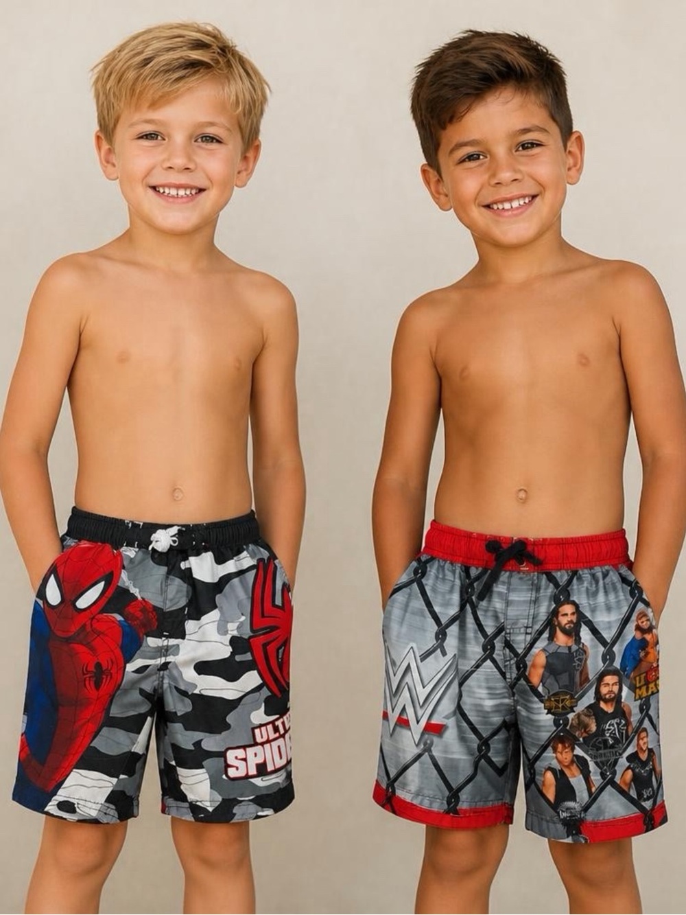 2 WWE Marvel Red White Black Kids Swim Trunks - Size 6/7